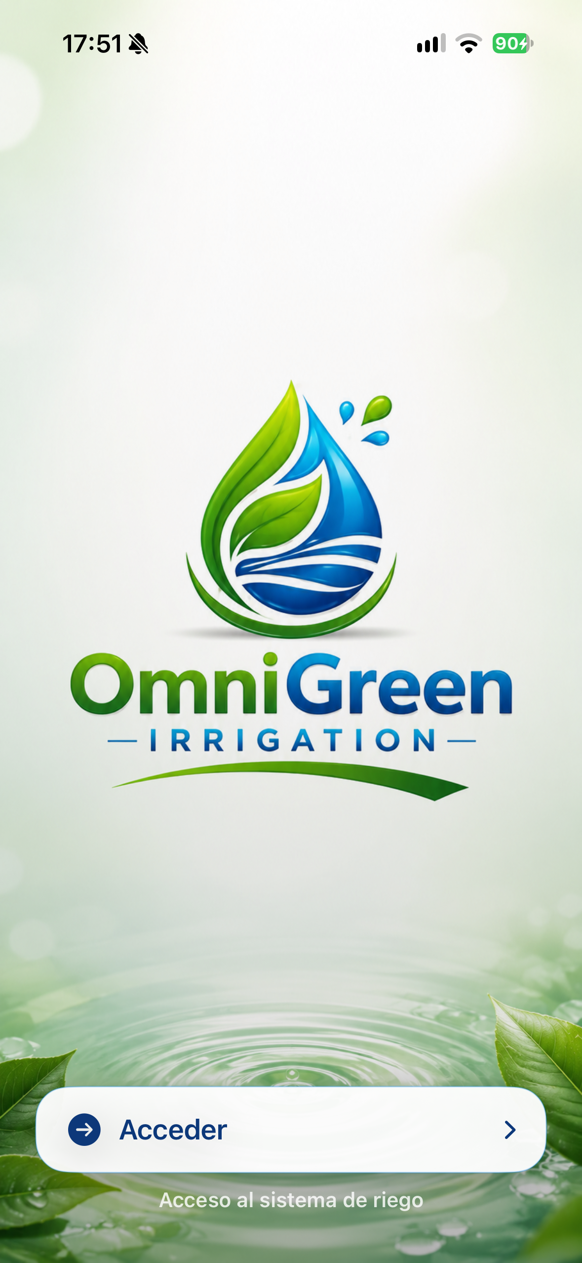 Pantalla de inicio de OmniGreen Irrigation.