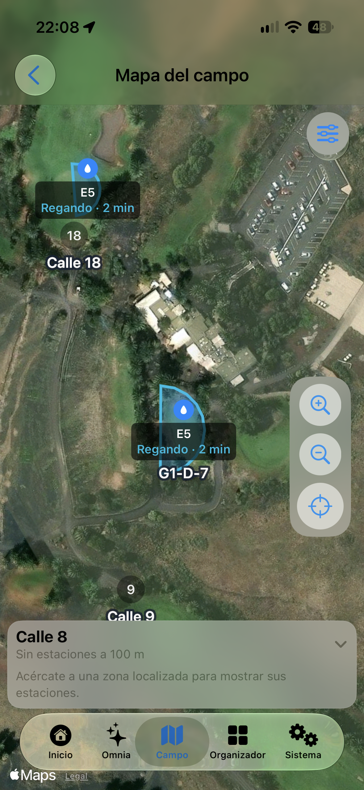 Pantalla real del mapa de campo de OmniIrrigation.