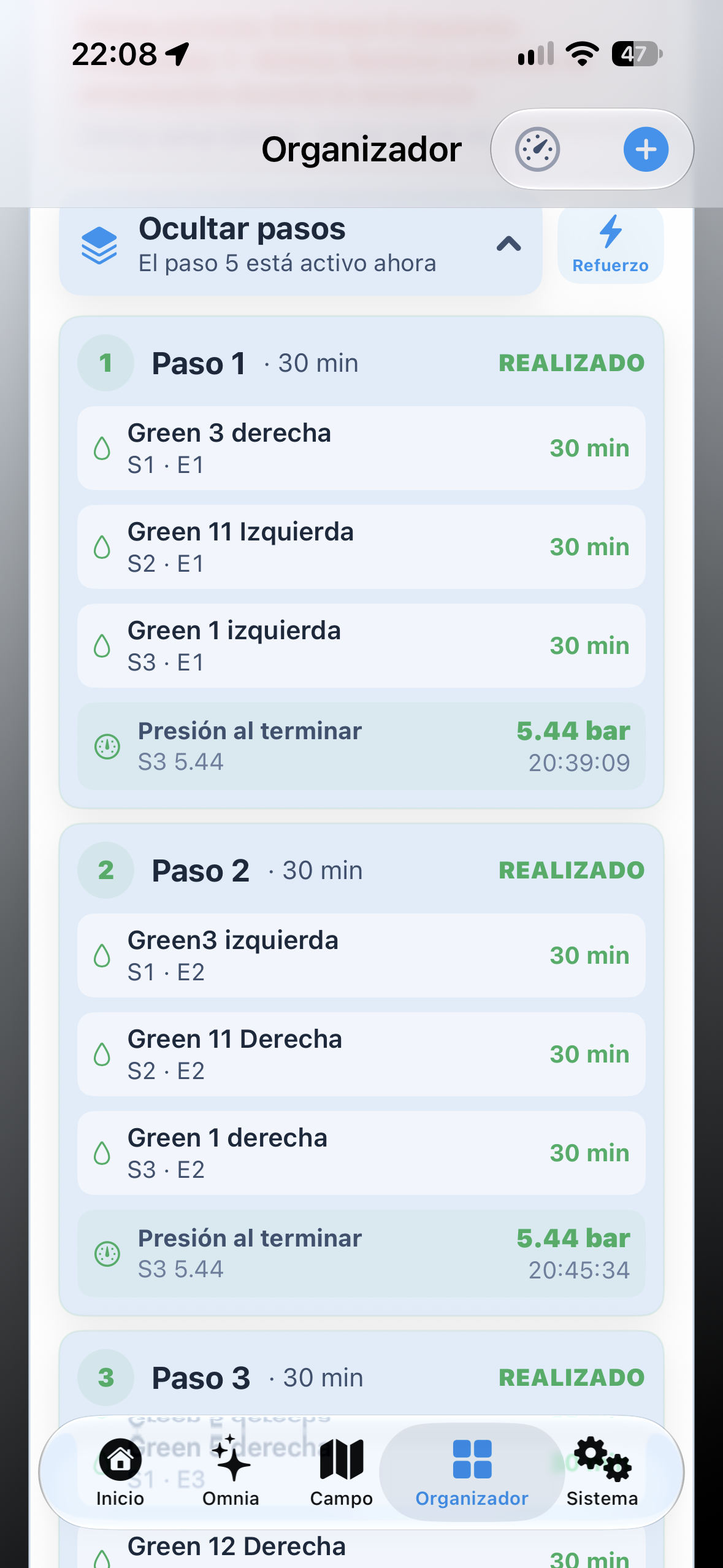 Programas y pasos de riego en ejecución.